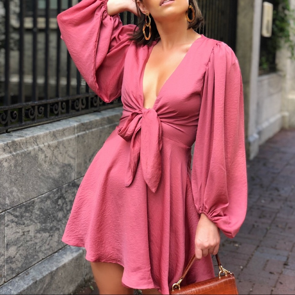 Wore once! Rose Pink Satin Puff Sleeve Dress - Picture 6 of 9